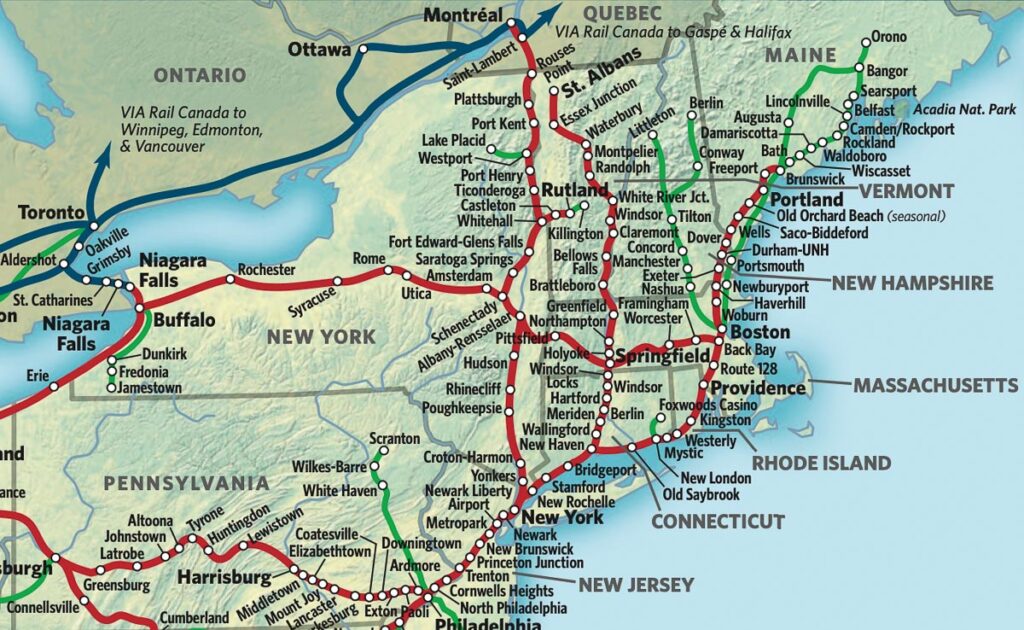 A map of the Amtrak train route to the Adirondacks, including the Northeastern US states and cities, and southern Canada.