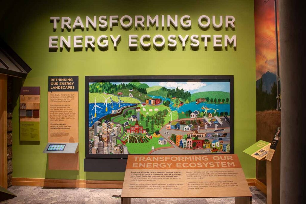 “Transforming our energy ecosystem” is the title of a section of the Wild Center’s inspiring Climate Solutions exhibit, written on the wall. ©KettiWilhelm2023