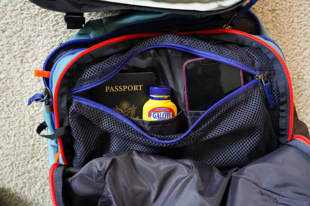 The front zippered organization pocket on the Cotopaxi 35L backpack from this review – it has zippers and slip pockets, but not much space. ©KettiWilhelm2023
