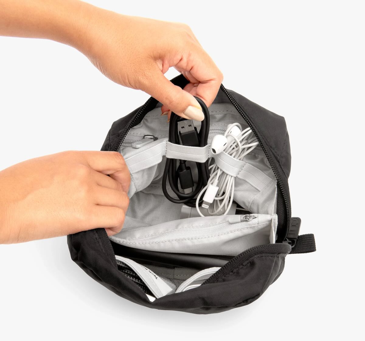Tortuga's travel tech organizer, designed to keep cables and chargers neat in your suitcase or travel backpack. 