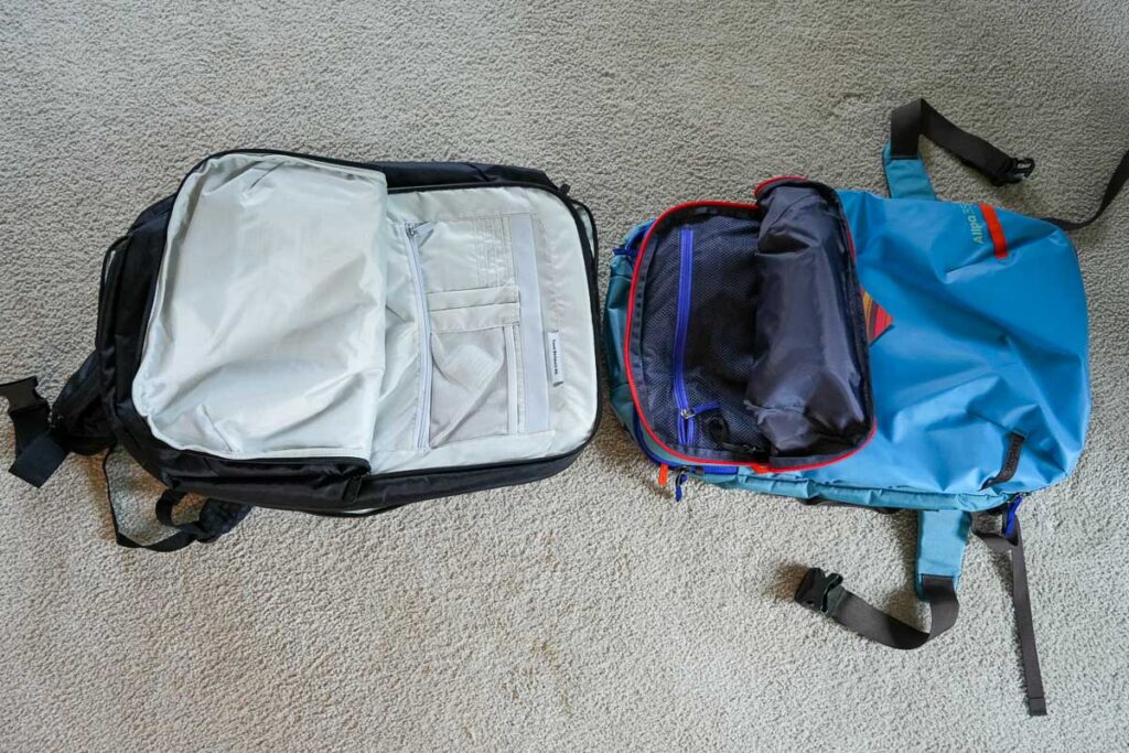 The organization pocket on the Tortuga travel backpack is much larger than on the Cotopaxi Allpa. ©KettiWilhelm2023