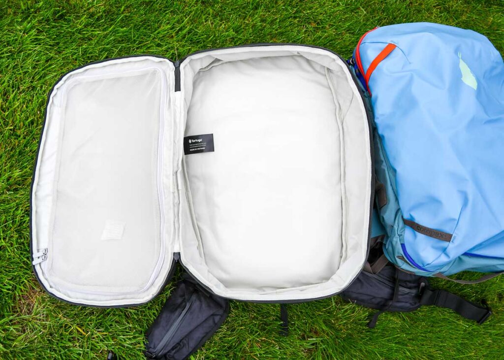The main compartment of the Tortuga travel backpack holds 40L of clothing, but has minimal organization – a design choice to keep the bag lightweight. ©KettiWilhelm2023