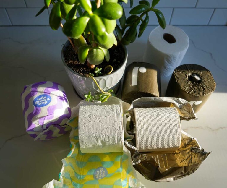 Comparing the plastic-free, environmentally friendly toilet paper from Reel and Who Gives A Crap – displayed on a white countertop next to a plant. ©KettiWilhelm2024