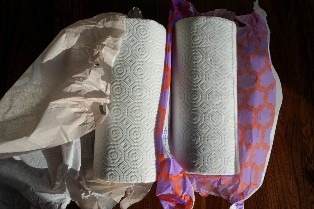 Comparing recycled paper towels from Reel vs Who Gives A Crap – both have the same pattern stamped on them. ©KettiWilhelm2024