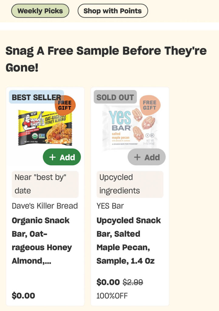 Free samples of granola bars listed in the Misfits Market app. ©KettiWilhelm2024