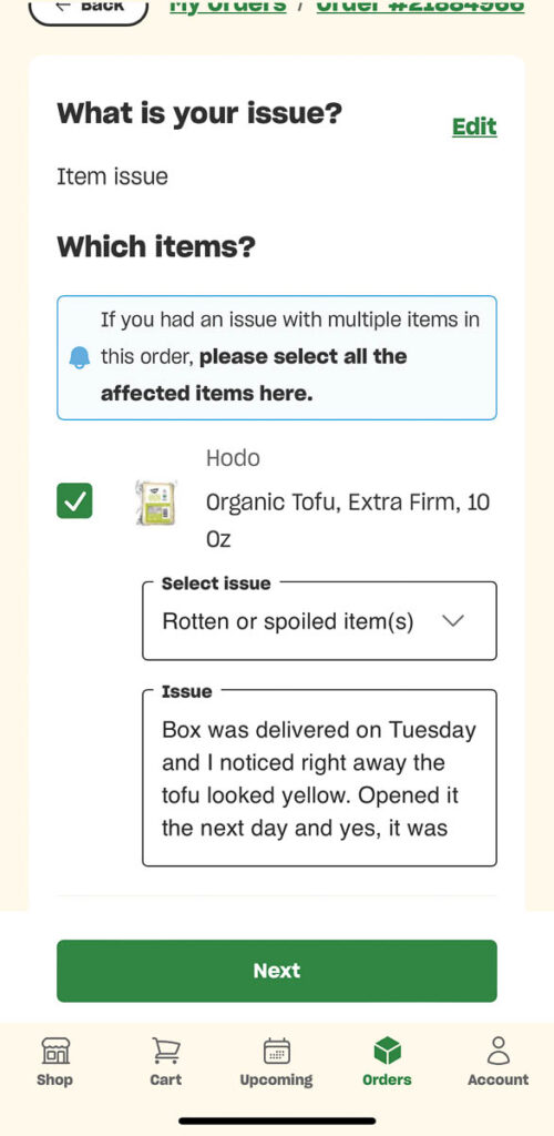 Submitting Misfits Market complaints in their app, for a grocery item that arrived spoiled. ©KettiWilhelm2024