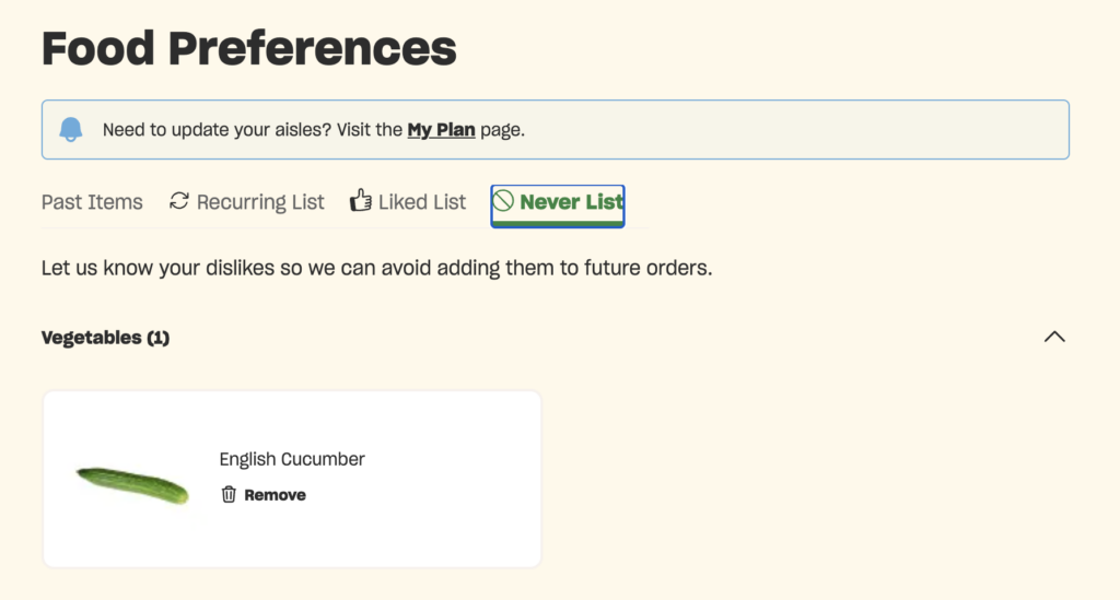 A screenshot from the Misfits Market website showing my “Never List” on my personalized Food Preferences page inside my grocery delivery account. English cucumbers are the only item listed. ©KettiWilhelm2024