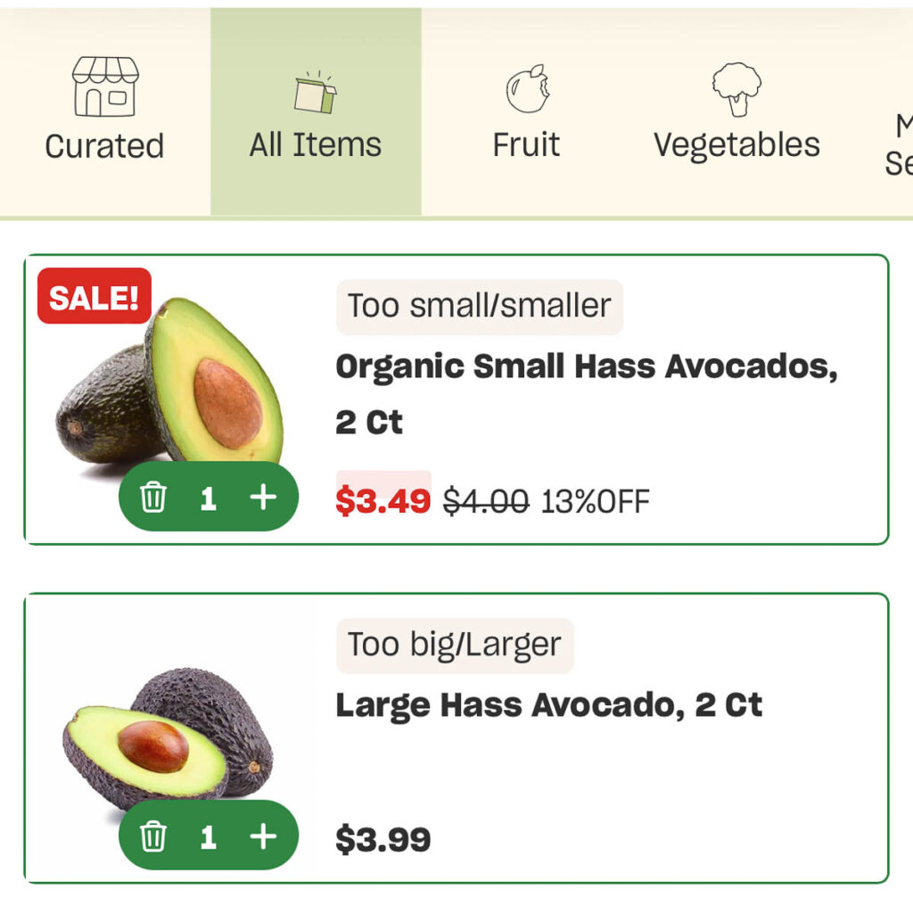 A screenshot of the Misfits Market app showing two different kinds of avocados selected in my cart for my next grocery delivery: One is called organic and “too small/ smaller,” the other non-organic and “too big/ larger.” ©KettiWilhelm2024