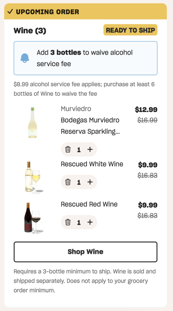 Misfits Market wine delivery options in the app (the bottles of wine arrived to my door with plastic-free packaging). ©KettiWilhelm2024