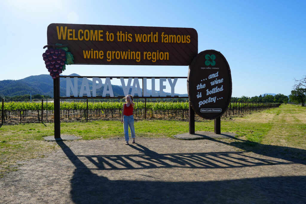 Ketti Wilhelm, the author of this guide to organic wineries in Napa Valley, standing under the famous Welcome to Napa Valley sign next to Highway 29. ©KettiWilhelm2024