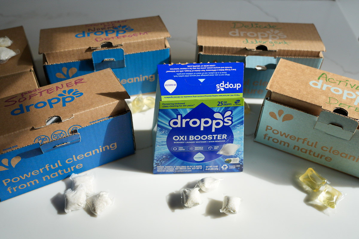 Dropps laundry pods featured in this review, in their plastic-free packaging sitting on the writer's kitchen countertop. ©KettiWilhelm2025
