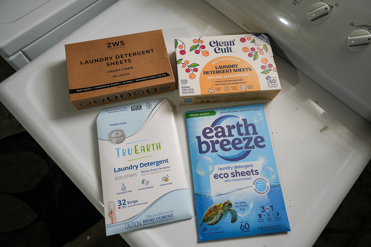 Earth Breeze laundry sheets and other brands of eco-friendly detergent strips in plastic-free packaging: Zero Waste Essentials, Cleancult and Tru Earth. ©KettiWilhelm2025