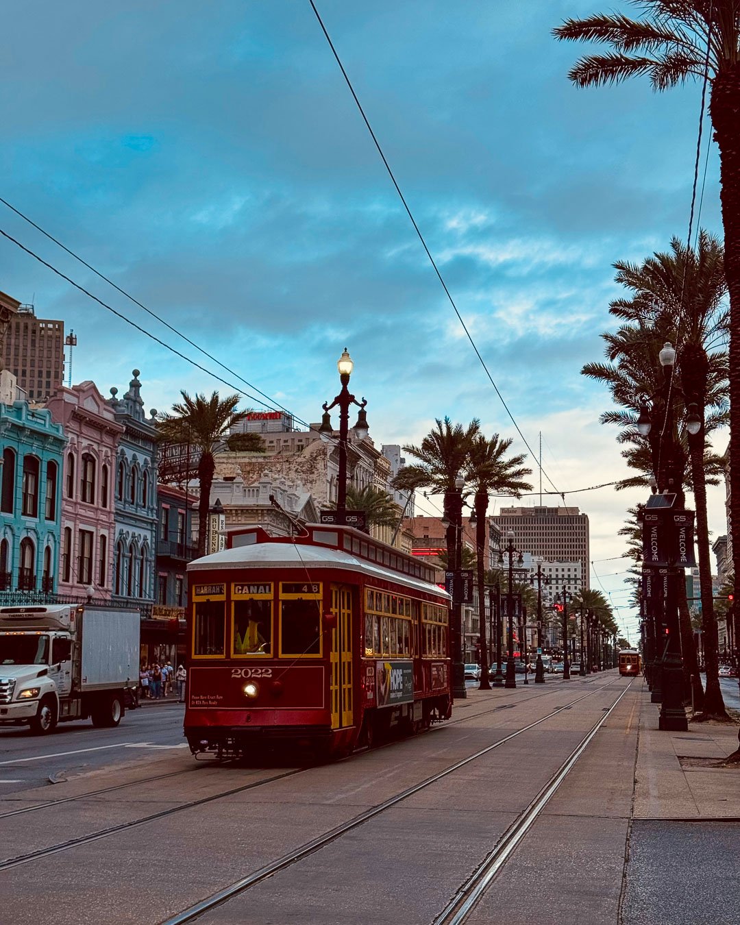 A classic New Orleans streetcar rolls down its tracks on a street in central New Orleans under palm trees and a stormy blue sky, with colorful architecture behind the streetcar. ©KettiWilhelm2025