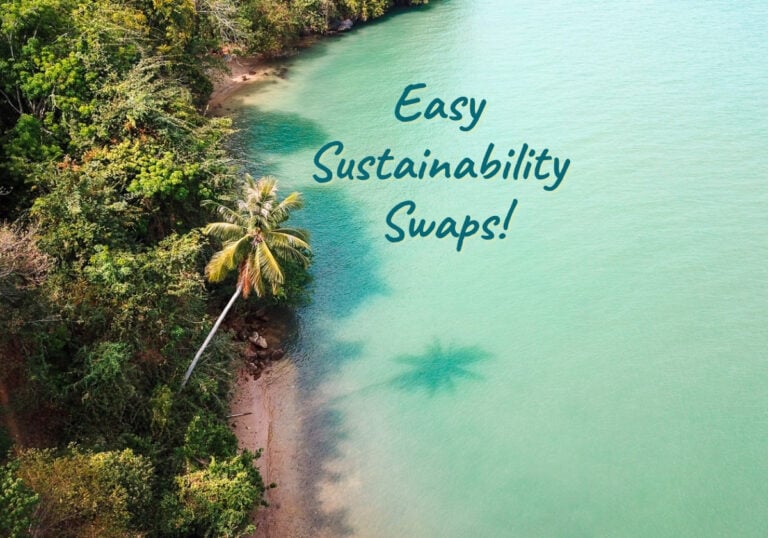 "Easy sustainability swaps" written on a drone photo of a clean beach and water in Thailand for an article on green New Year's Resolutions. ©KettiWilhelm2026