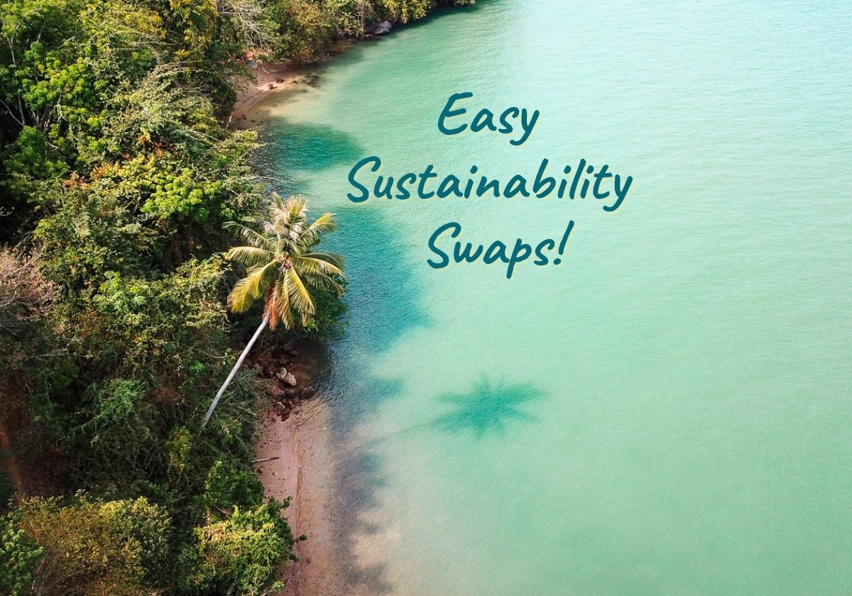 "Easy sustainability swaps" written on a drone photo of a clean beach and water in Thailand for an article on green New Year's Resolutions. ©KettiWilhelm2026