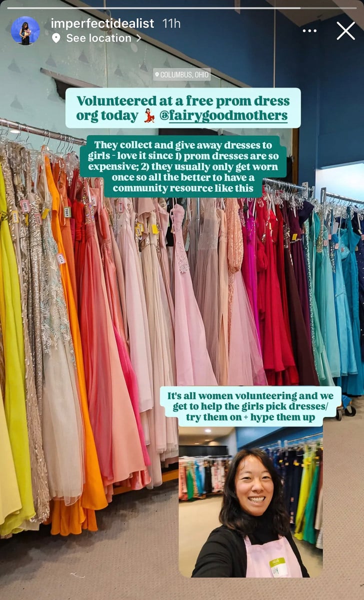 Sustainability blogger Imperfect Idealist posts on Instagram about volunteering at a local organization for donating prom dresses to increase clothing lifespan and sustainability.