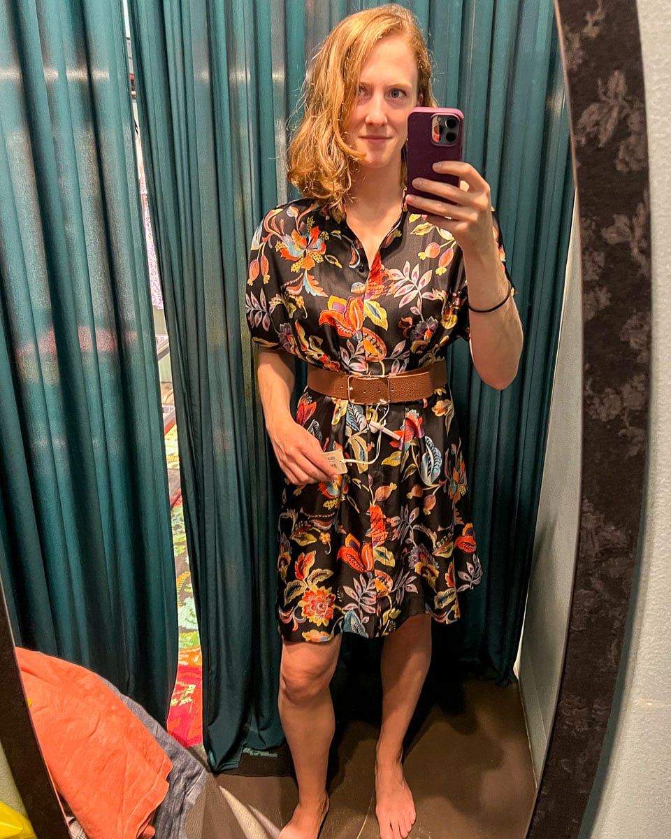 Trying on a 100% silk dress with a floral pattern in Milan, Italy. ©KettiWilhelm2026