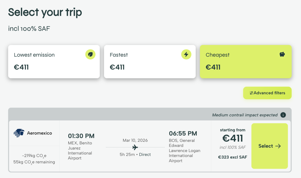 Search results showing a flight from Mexico City to Boston on BookBetter, the best flight search website for finding more sustainable flights, with 100% Sustainable Aviation Fuel.
