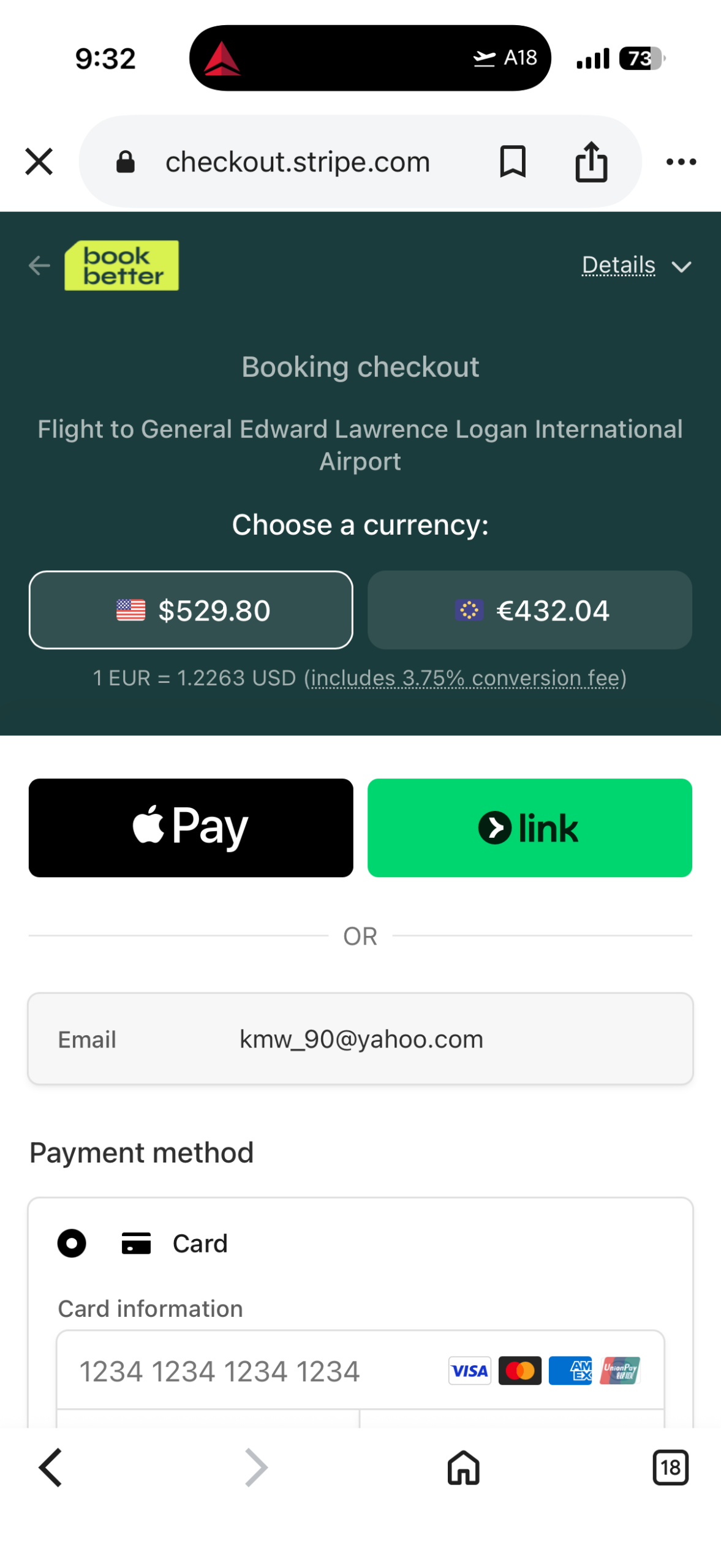 Currency conversion options for booking a sustainable flight on BookBetter (allowing travelers to save money on flight bookings by declining the conversion).