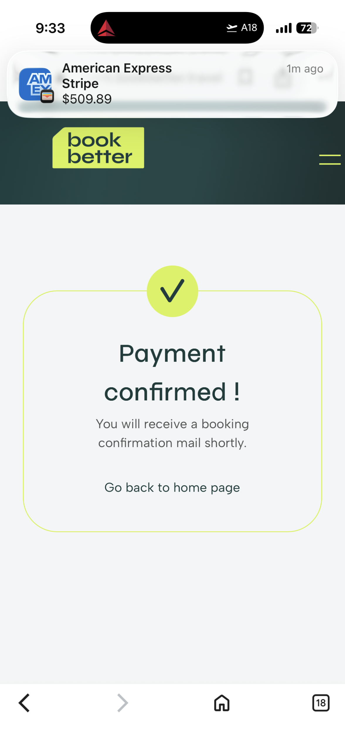 Payment confirmation for booking a sustainable flight on BookBetter without currency conversion (allowing travelers to save money on flight bookings).
