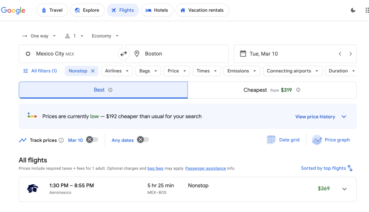 Flight search results on Google Flights, showing options from Mexico City to Boston.