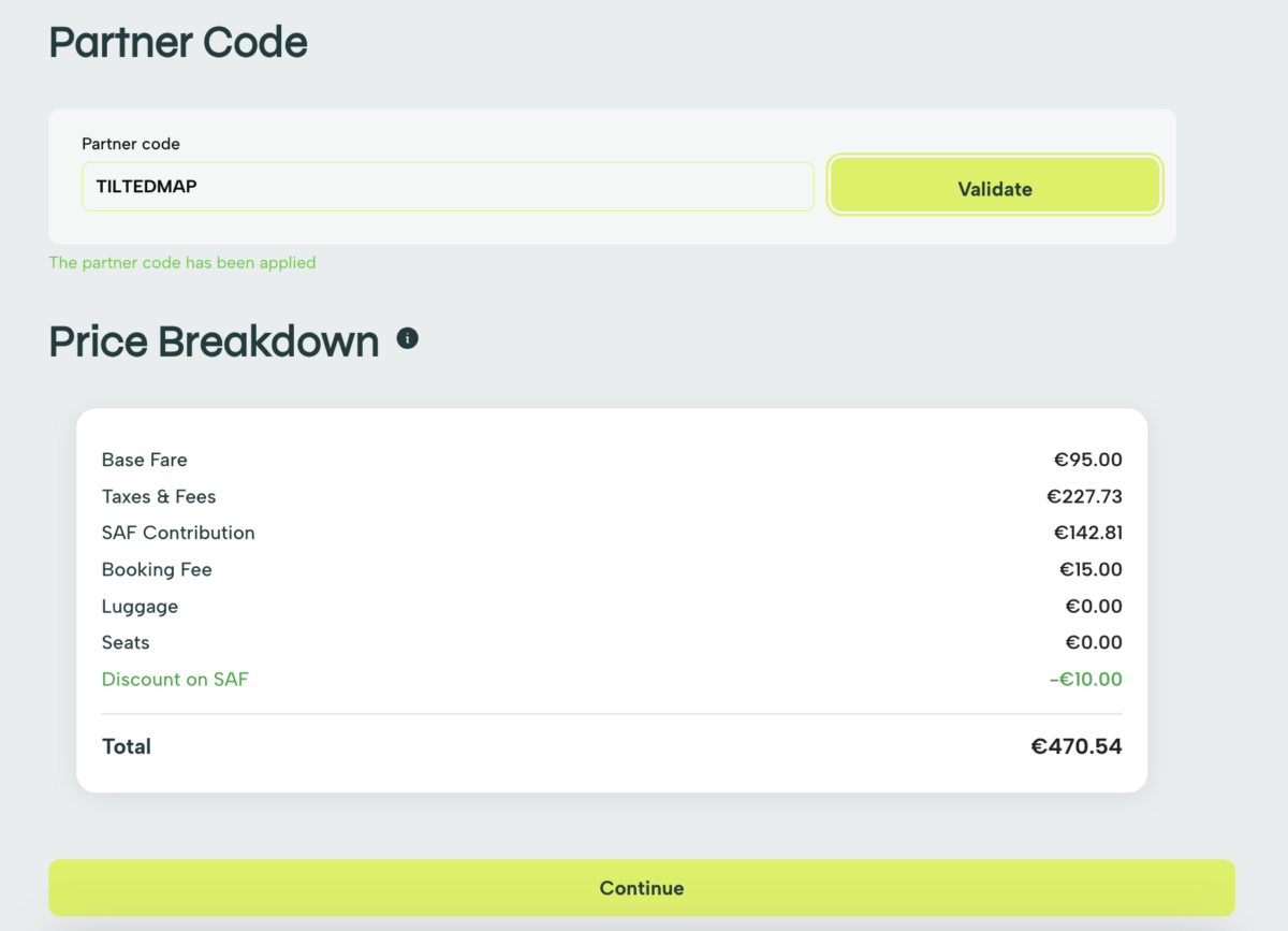 Discount code for flights being used on BookBetter, the best platform for booking more sustainable flights.