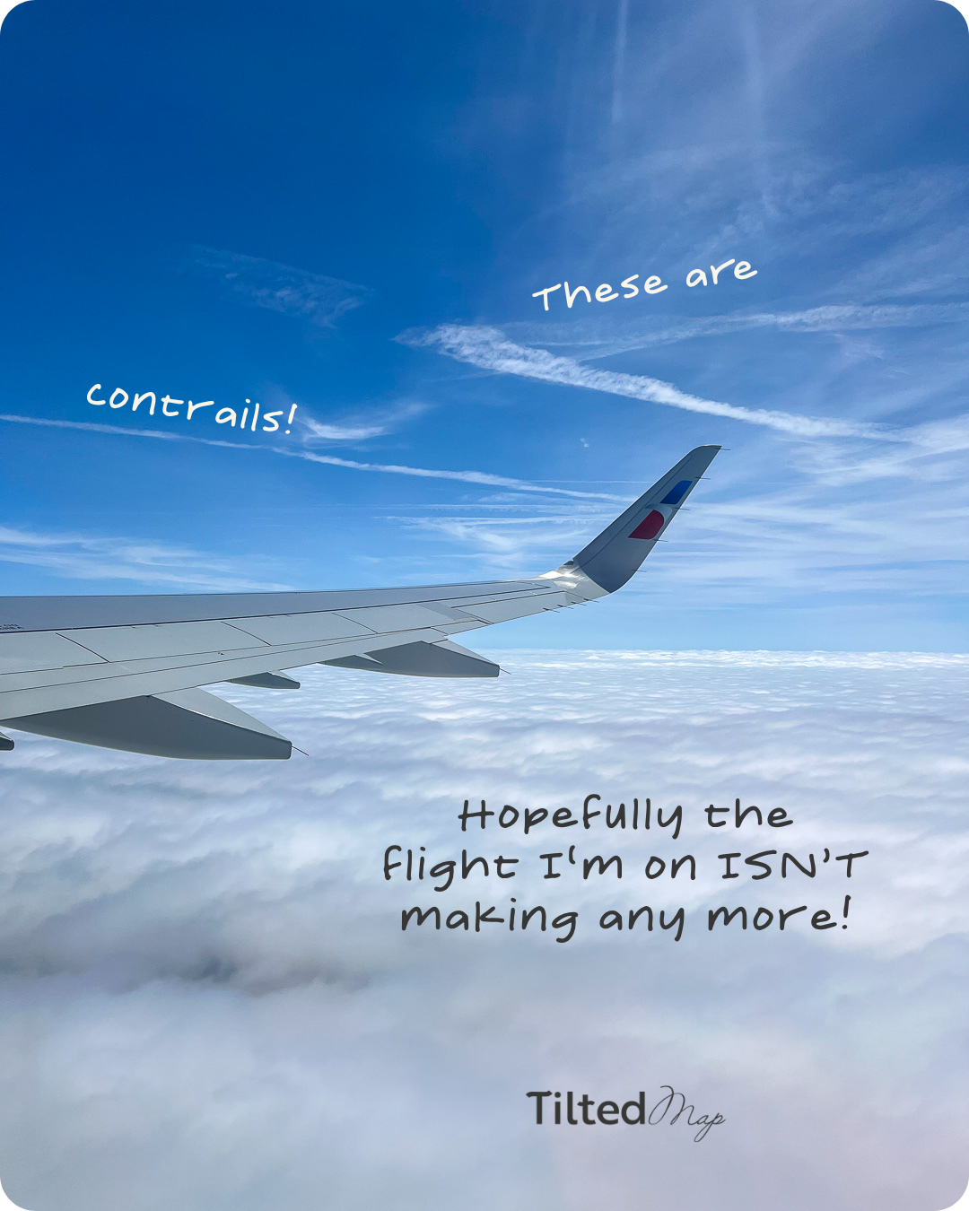 Jet contrails over a blue sky seen from the window seat of another airplane. ©KettiWilhelm2026