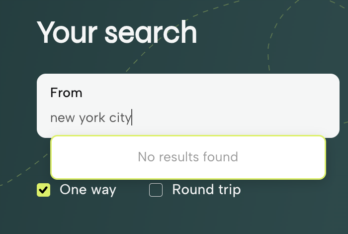 When searching for more sustainable flights on the platform BookBetter, it's important to enter the airport name or code, not the city name, as shown by the example here where I entered "New York City" and the platform showed no results. ©KettiWilhelm2026