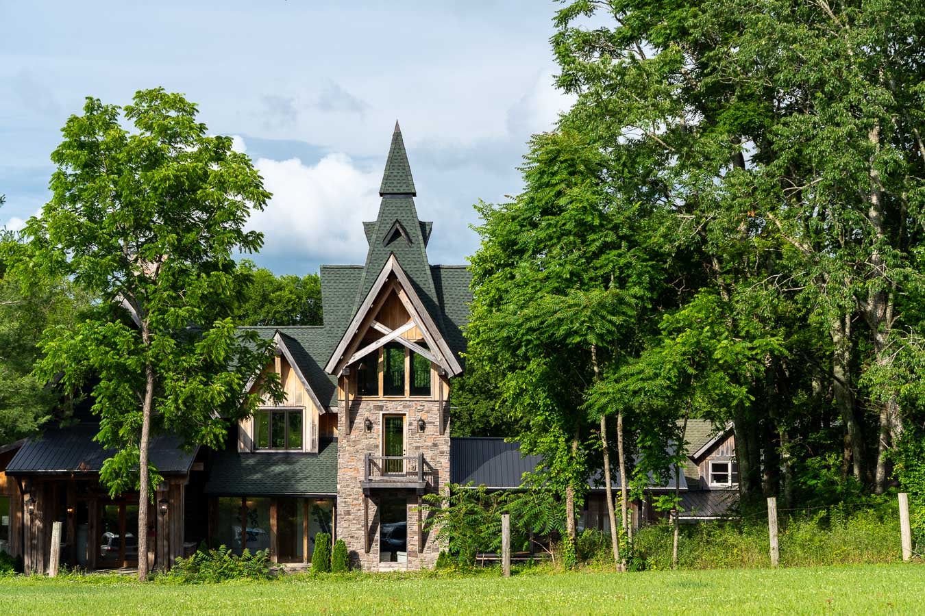 Dark Horse Recording Studio, a famous music recording studio in Franklin, Tennessee, seen from the road with it's dramatic steepled architecture and surrounding trees, is a unique and affordable Airbnb in Franklin. ©KettiWilhelm2026