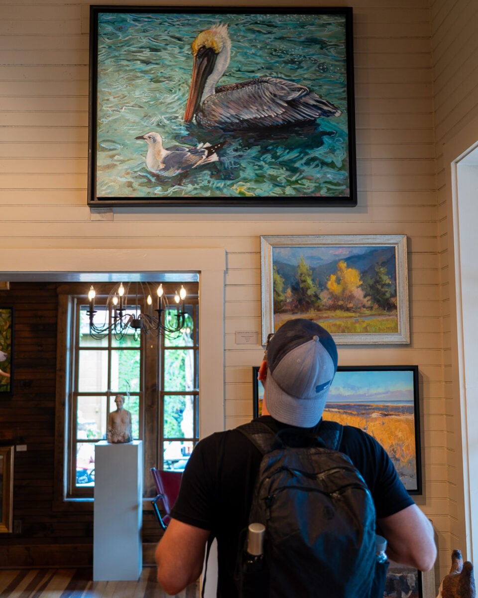 A man looks up at a painting of a pelican by artist Leslie Shiels, hanging on the wall at Leiper's Creek Gallery in Leiper's Fork, Tennessee, a must-see spot when visiting Franklin, TN. ©KettiWilhelm2026