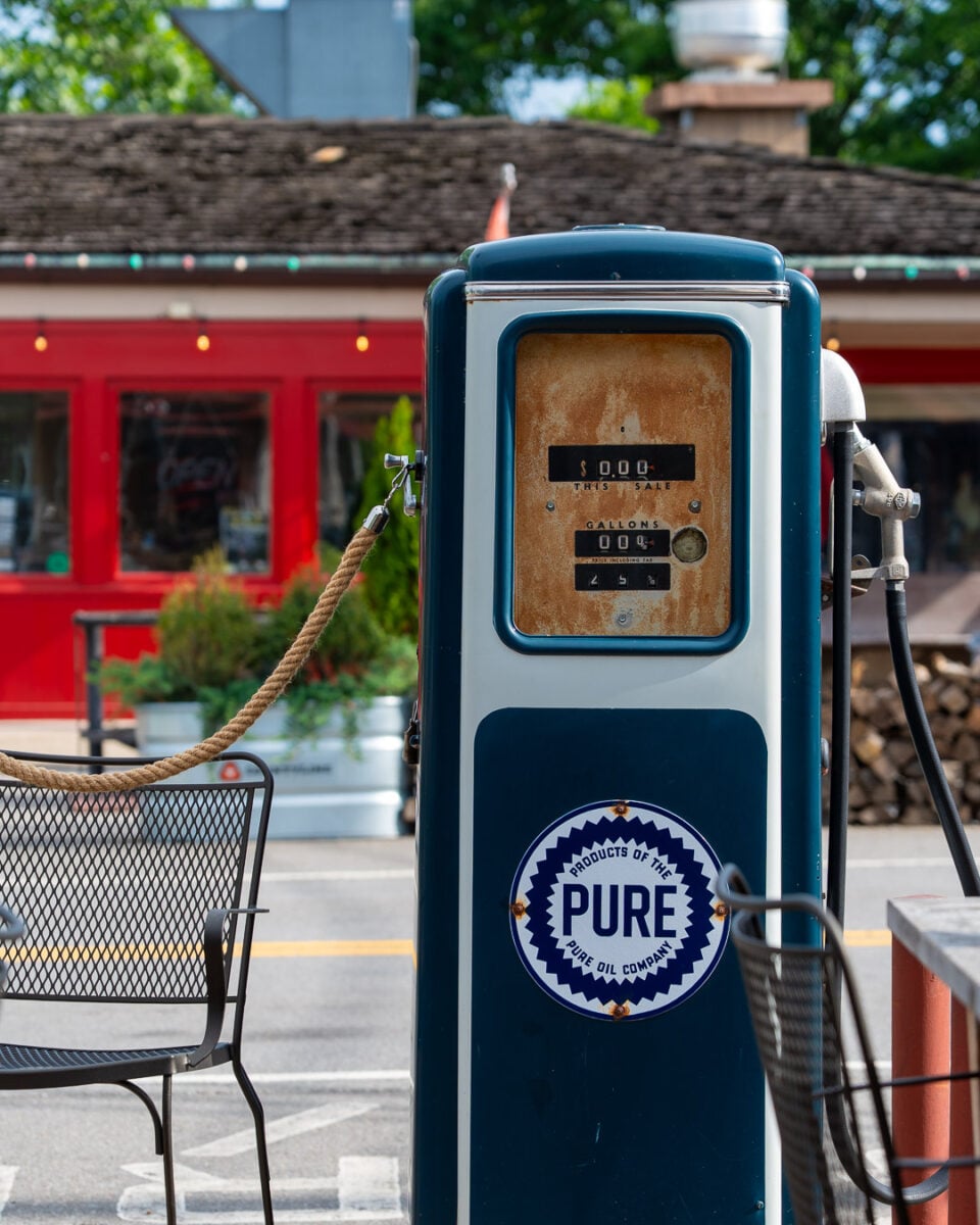 A vintage gas pump in front of the famous Fox and Locke restaurant and music venue in Leiper's Fork, Tennessee. ©KettiWilhelm2026