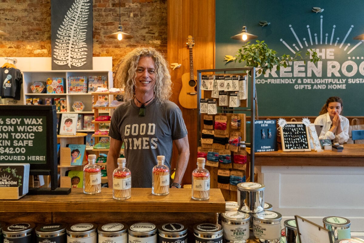 Phil Joel, musician and co-owner of The Green Room, a sustainable shop in downtown Franklin, Tennessee, inside his store. ©KettiWilhelm2026