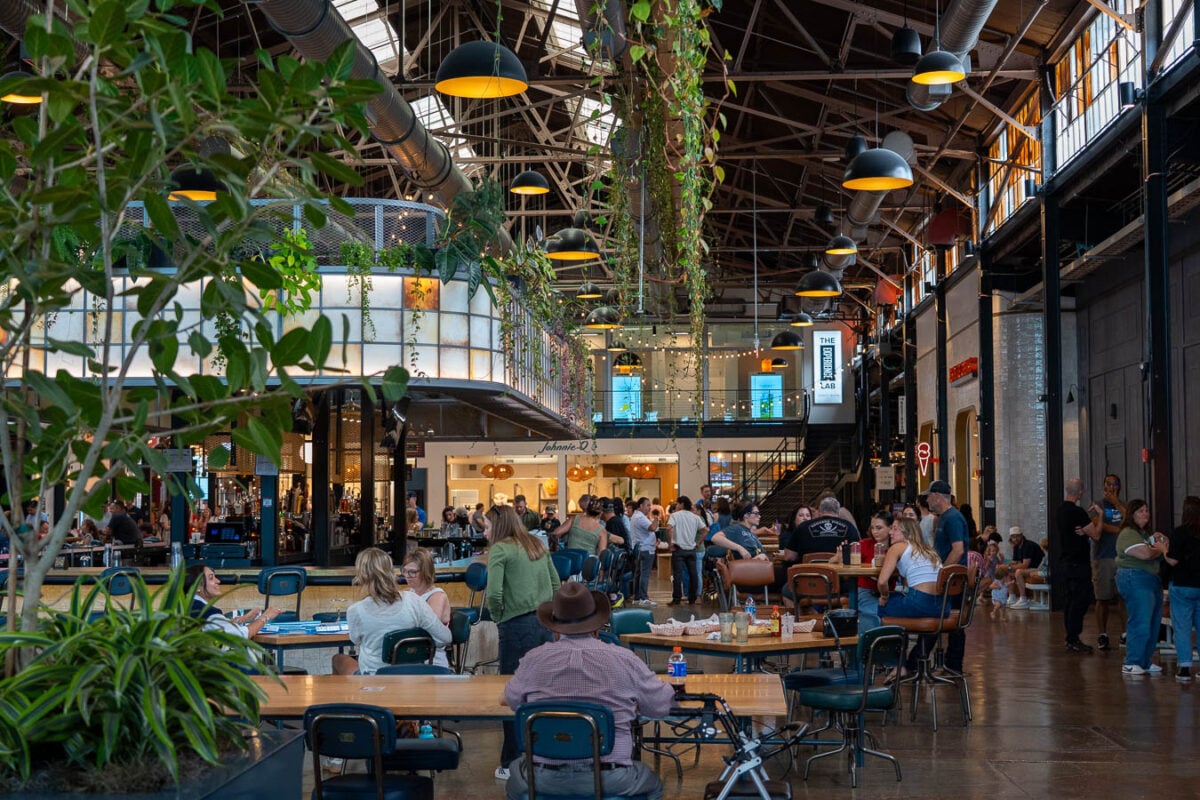 Food court and community bar busy with people inside the Factory at Franklin, in Franklin, Tennessee. ©KettiWilhelm2026