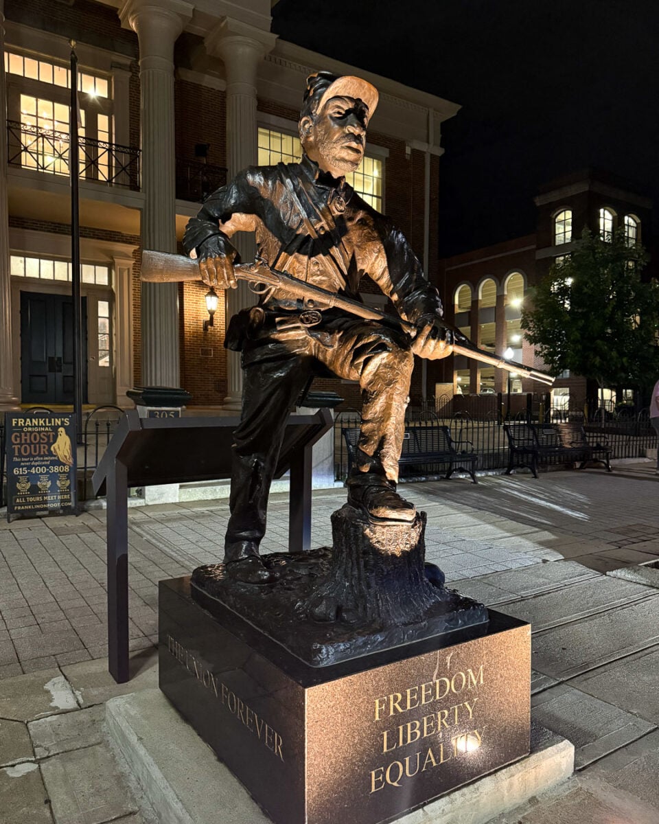 Statue of a Black Civil War soldier, a member of the US Colored Troops, in downtown Franklin, Tennessee, with the words "freedom, liberty, equality." ©KettiWilhelm2026